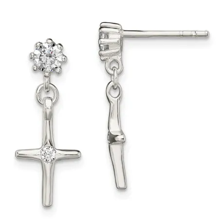 Sterling Silver CZ Cross Dangle Post Earrings