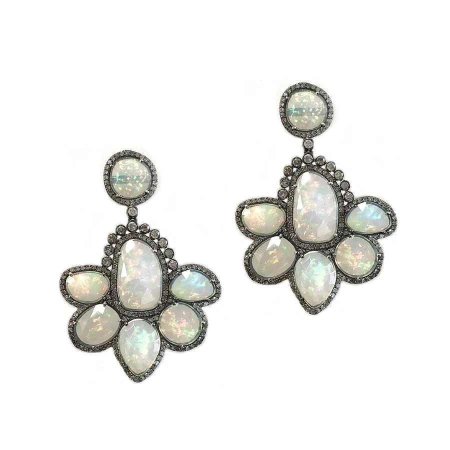 Sterling Silver Diamond & Opal Earrings