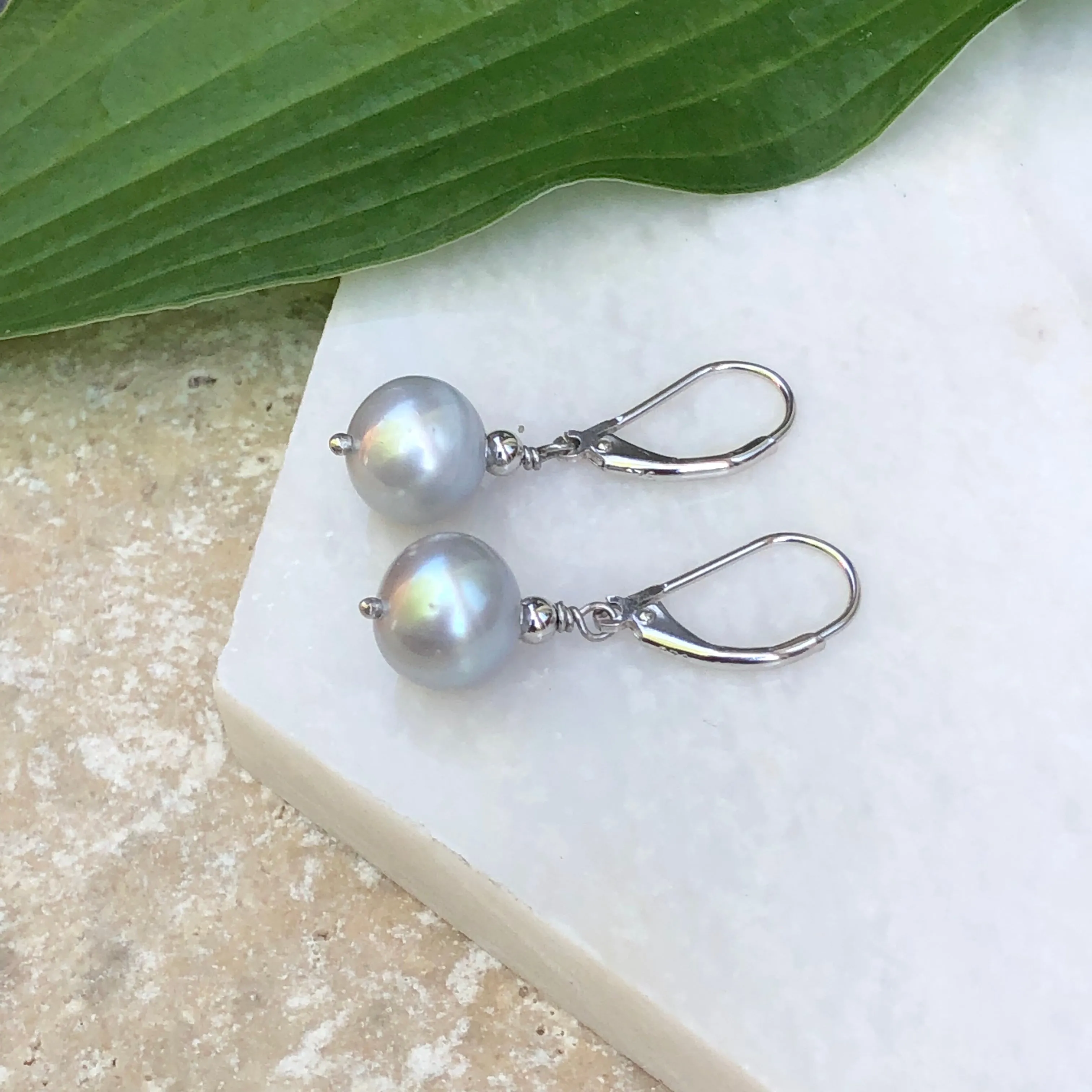 Sterling Silver Gray Baroque Pearl Lever Back Earrings