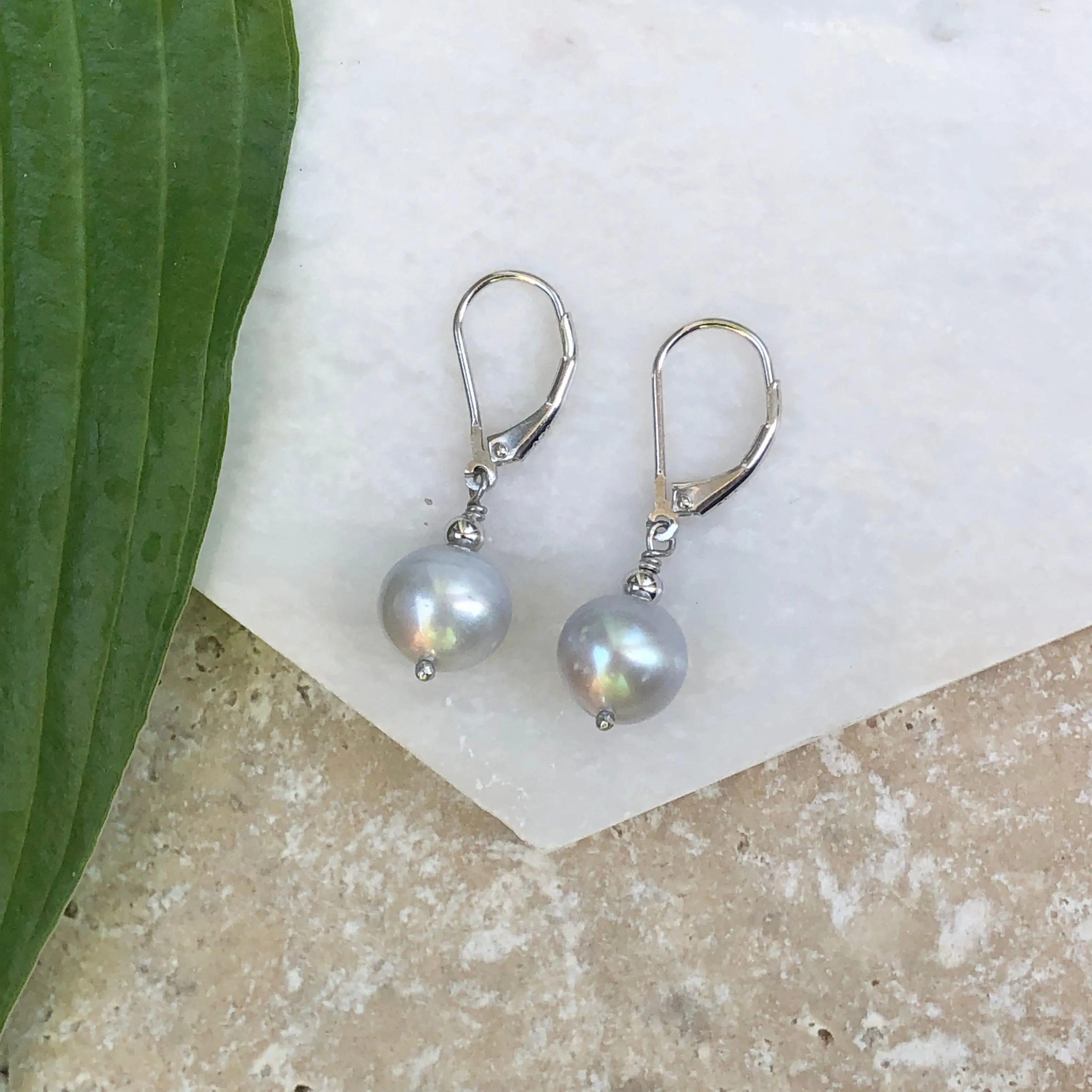 Sterling Silver Gray Baroque Pearl Lever Back Earrings