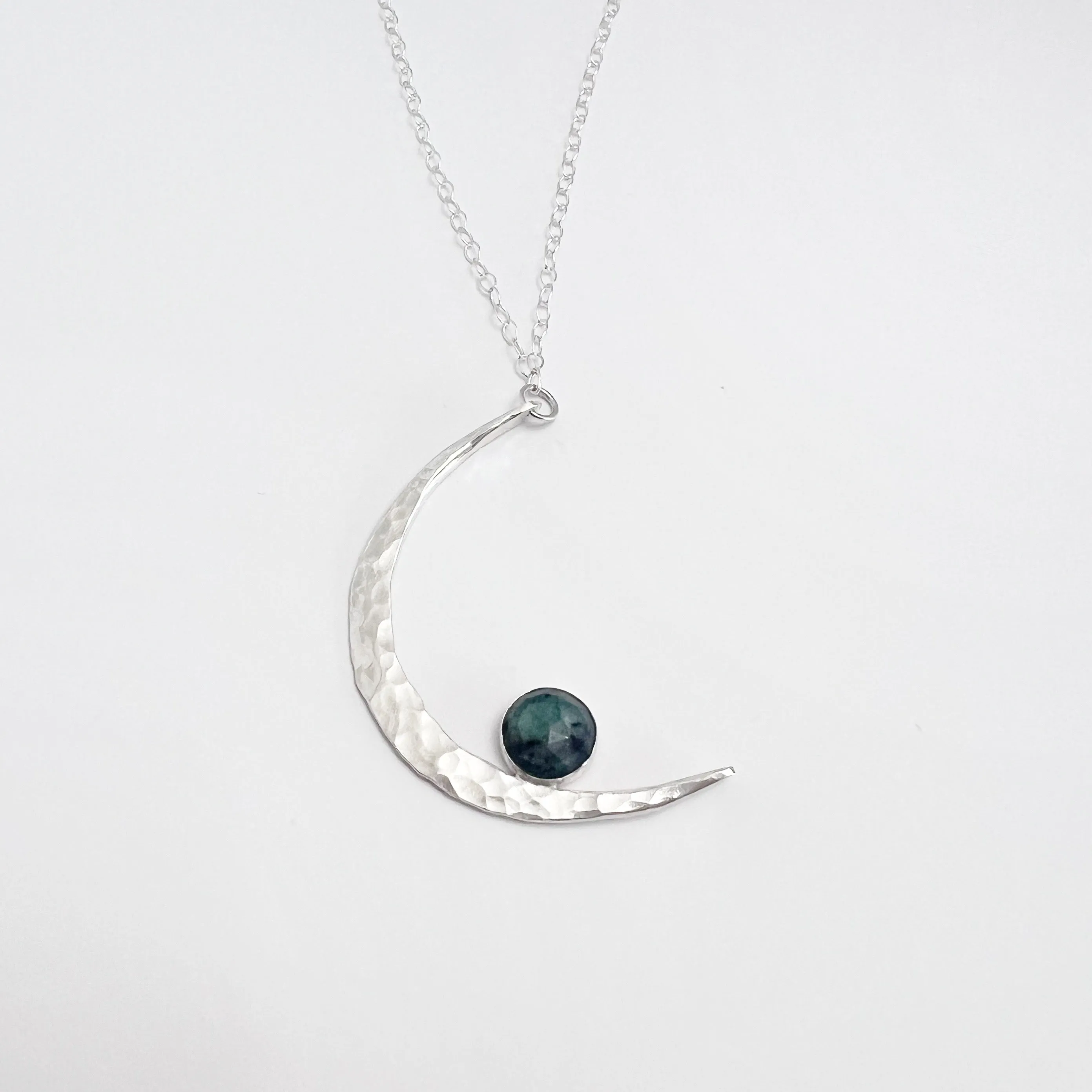 Sterling Silver Moon Statement Necklace -  Emerald Gemstone