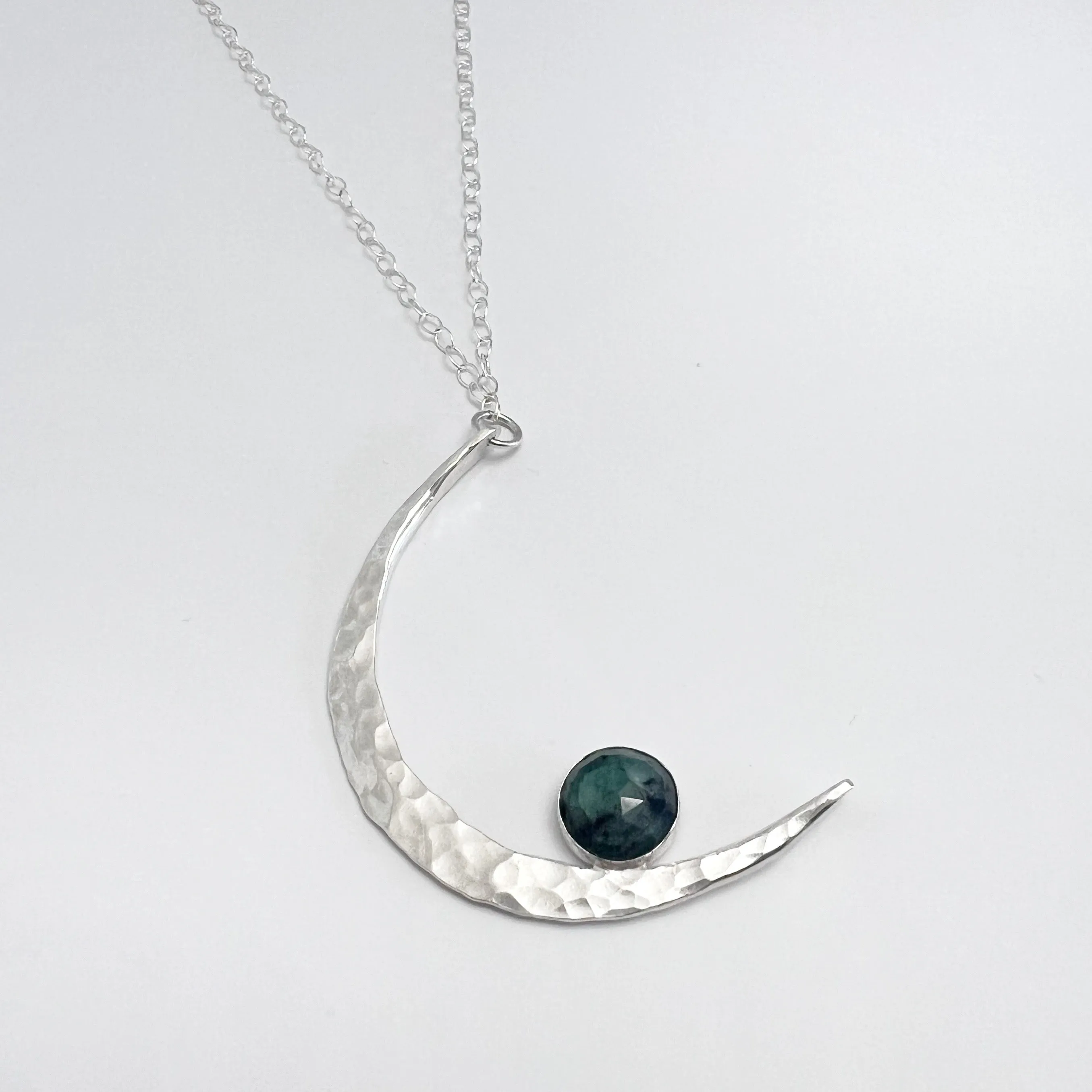 Sterling Silver Moon Statement Necklace -  Emerald Gemstone