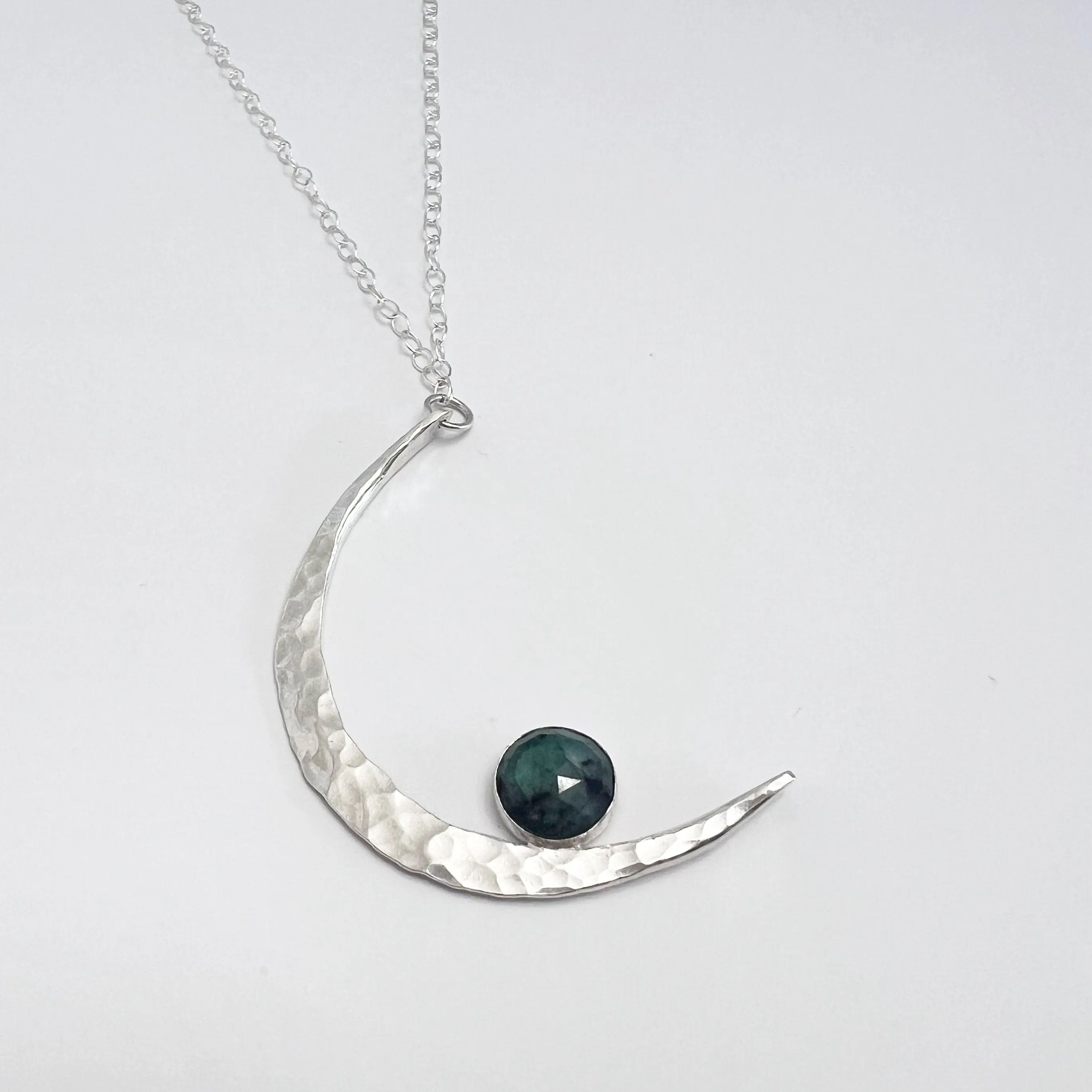 Sterling Silver Moon Statement Necklace -  Emerald Gemstone
