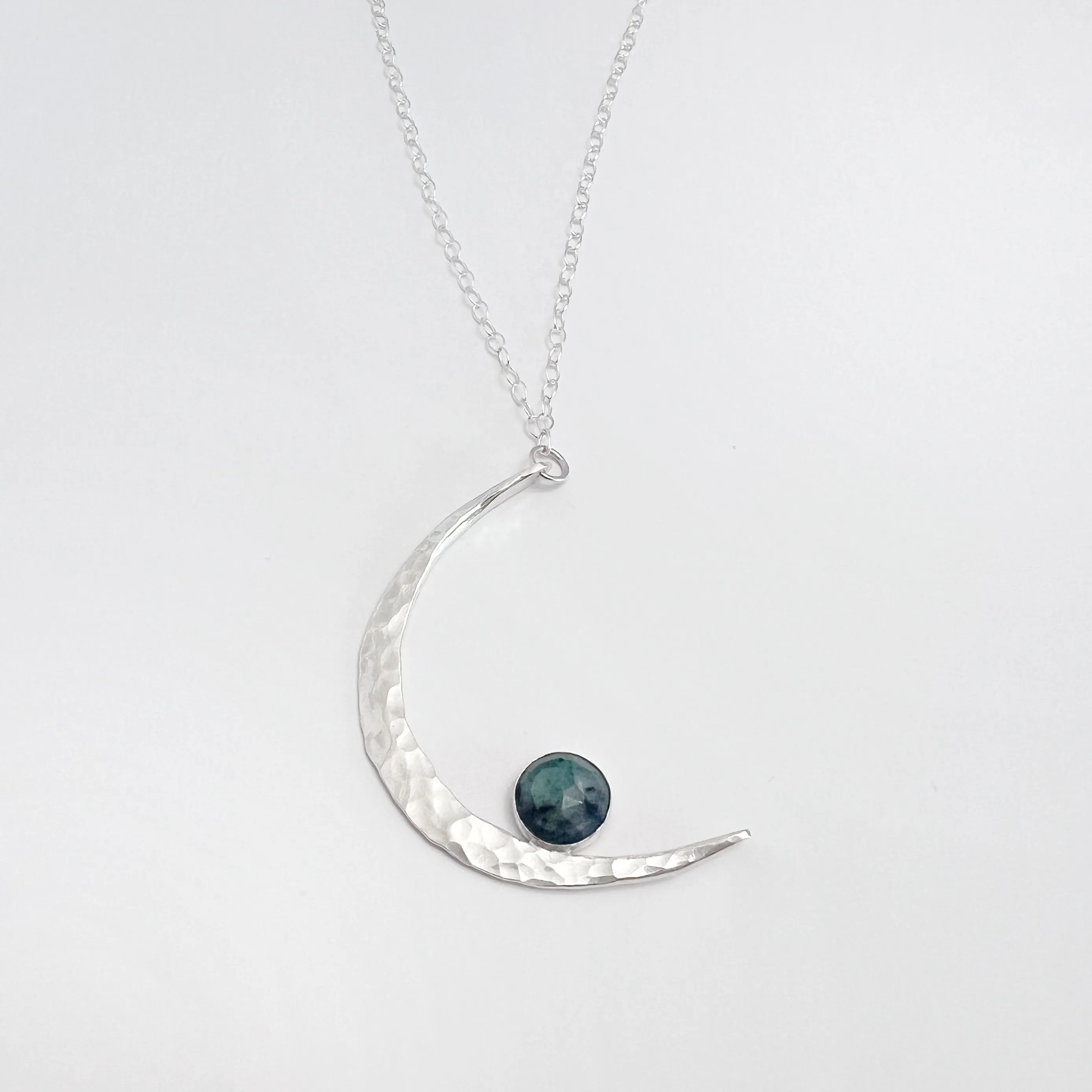 Sterling Silver Moon Statement Necklace -  Emerald Gemstone