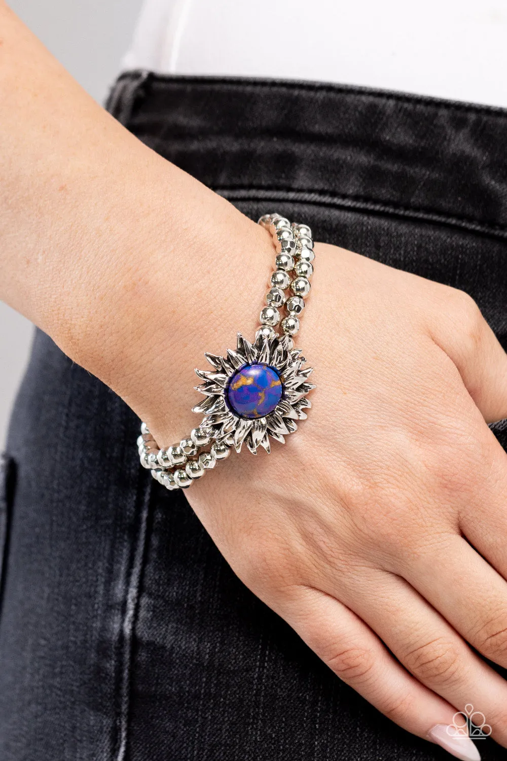 Sunflower Serenity - Purple - Marbled Purple Stone Center Flower Paparazzi Stretchy Bracelet