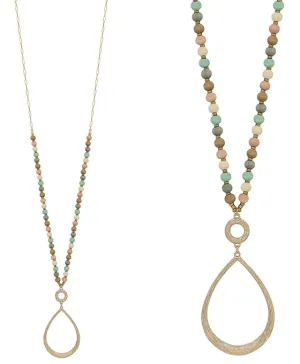 Tear Drop Pendant with Wood Beads Necklace