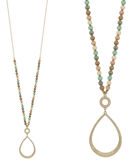 Tear Drop Pendant with Wood Beads Necklace