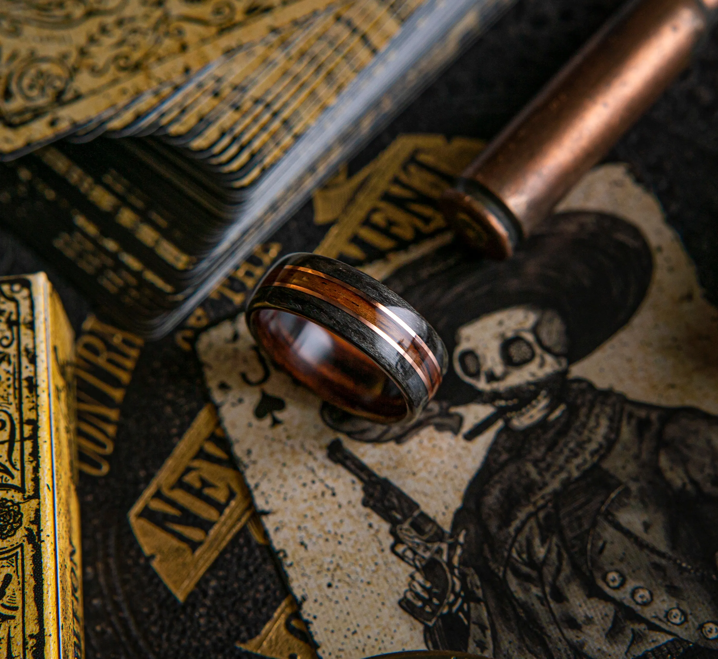 The Jack, Mens Wedding band  featuring Rosewood, Grey Maple with Dual Copper inlay