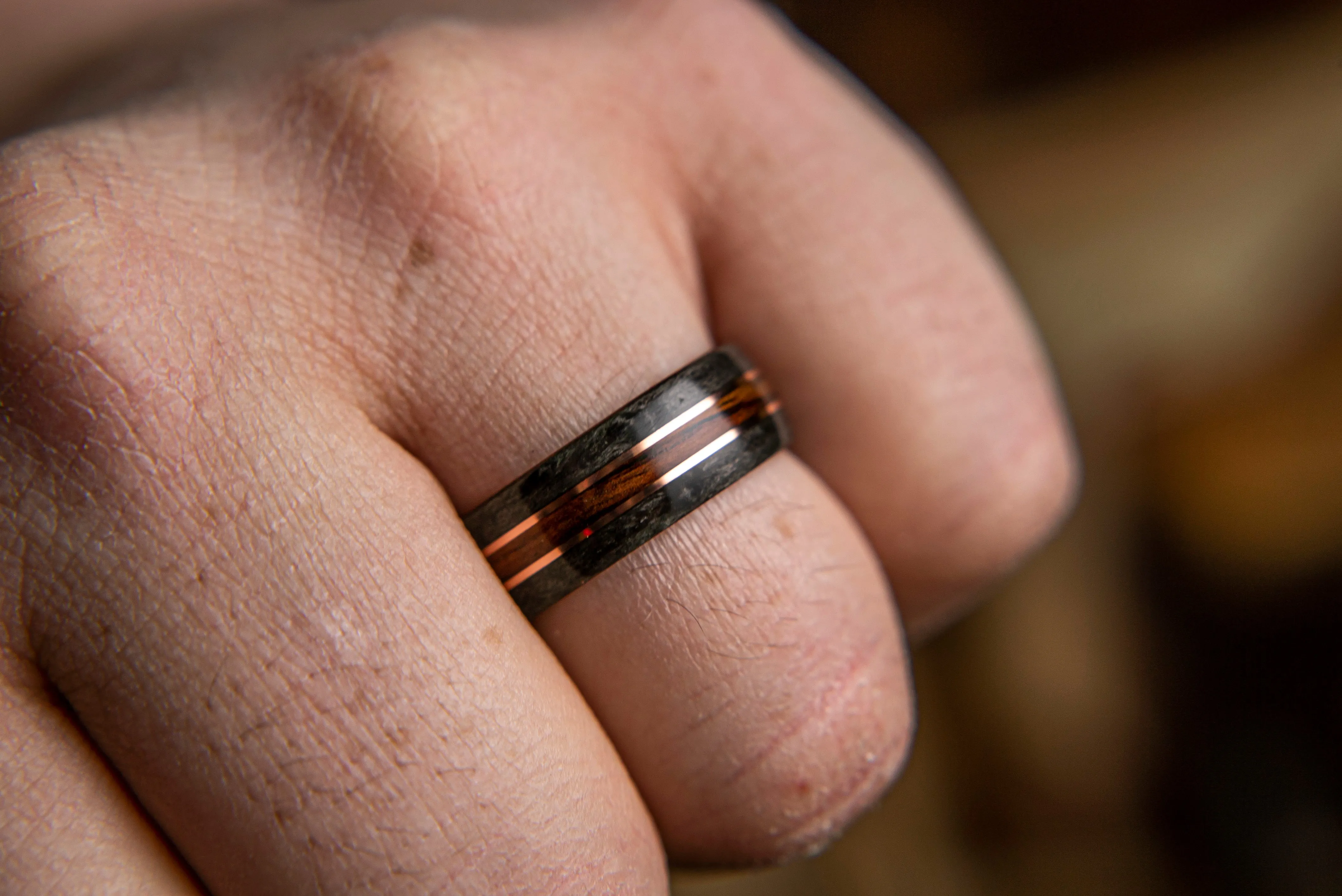 The Jack, Mens Wedding band  featuring Rosewood, Grey Maple with Dual Copper inlay