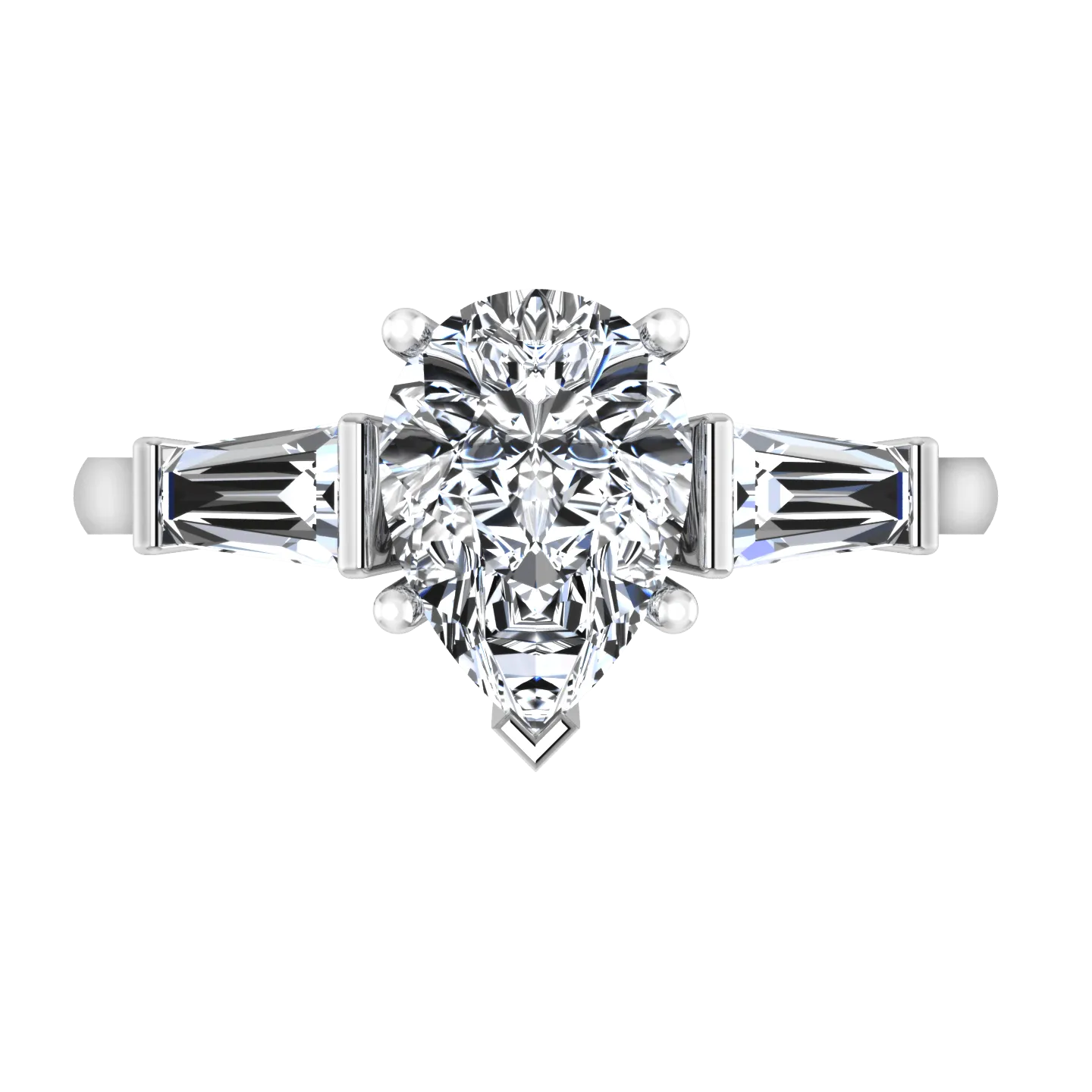 Three Stone Pear Diamond Engagement Ring Tapered Baguette 14K White Gold
