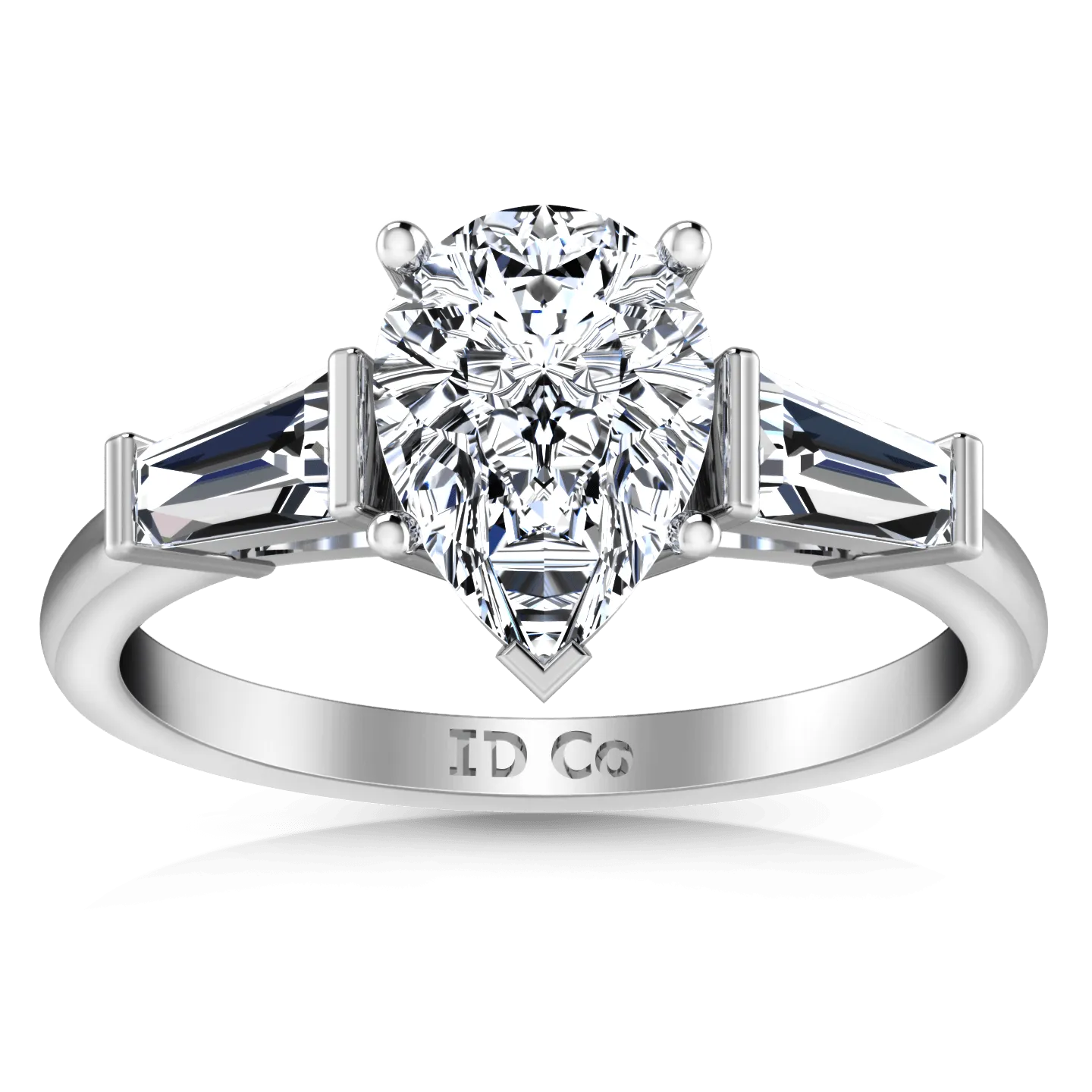 Three Stone Pear Diamond Engagement Ring Tapered Baguette 14K White Gold