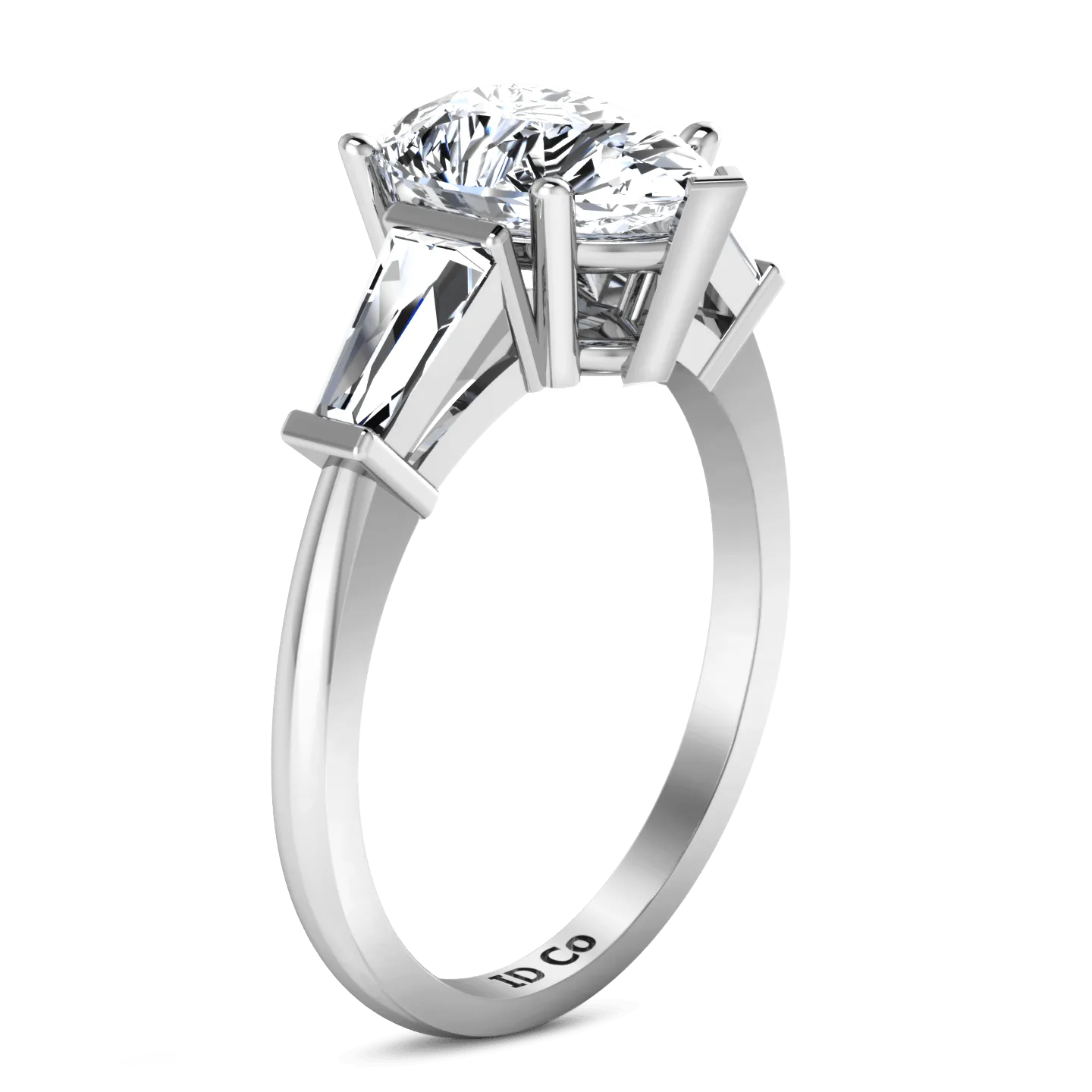 Three Stone Pear Diamond Engagement Ring Tapered Baguette 14K White Gold