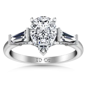 Three Stone Pear Diamond Engagement Ring Tapered Baguette 14K White Gold
