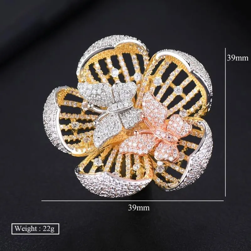 Three Tone Flower Butterfly Cubic Zircon Engagement Dubai Bridal Statement Finger Rings