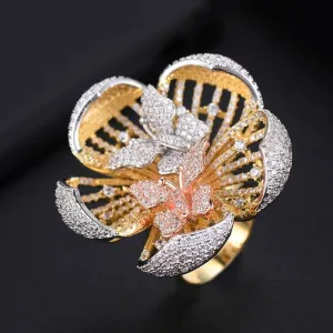 Three Tone Flower Butterfly Cubic Zircon Engagement Dubai Bridal Statement Finger Rings