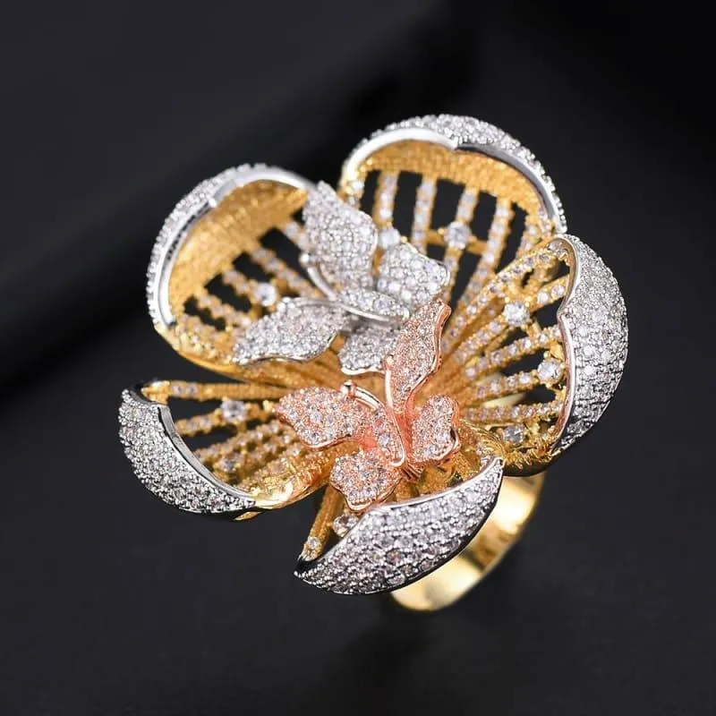 Three Tone Flower Butterfly Cubic Zircon Engagement Dubai Bridal Statement Finger Rings