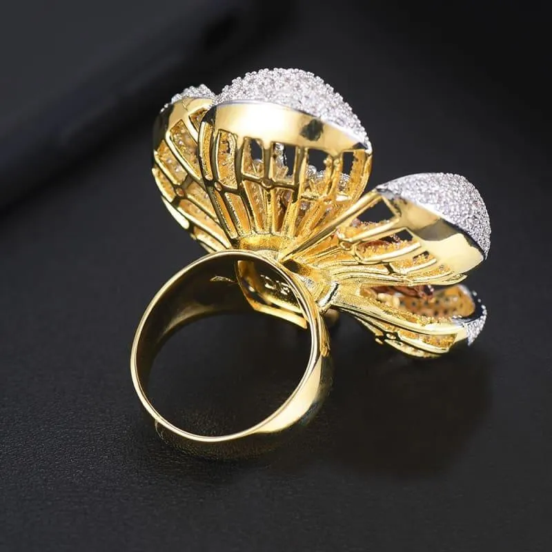 Three Tone Flower Butterfly Cubic Zircon Engagement Dubai Bridal Statement Finger Rings
