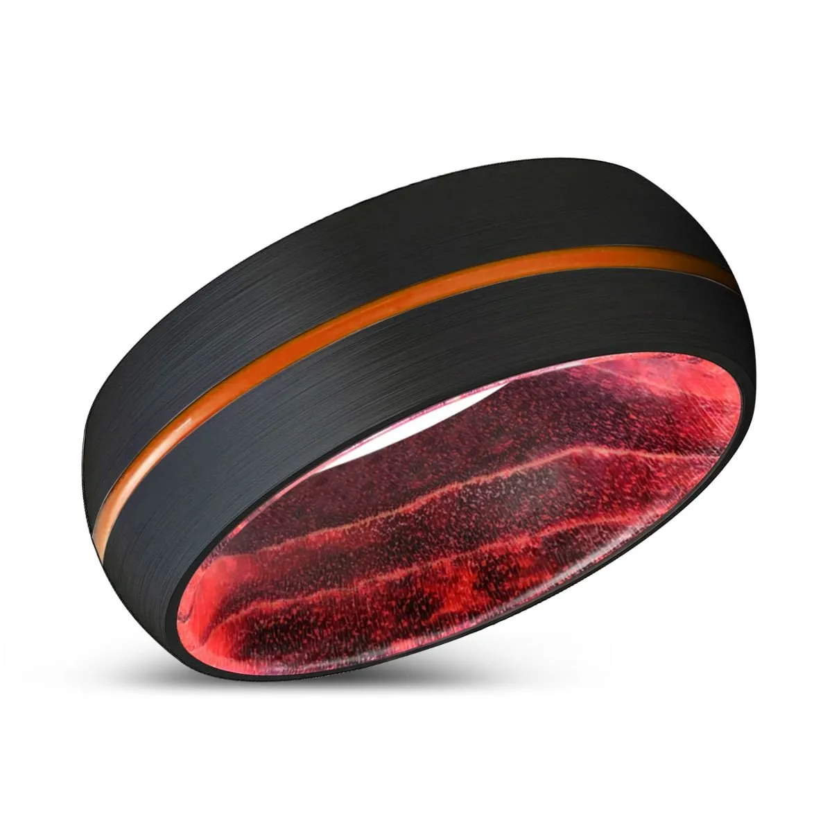 TIMBERWOLF | Black & Red Wood, Black Tungsten Ring, Orange Groove, Domed