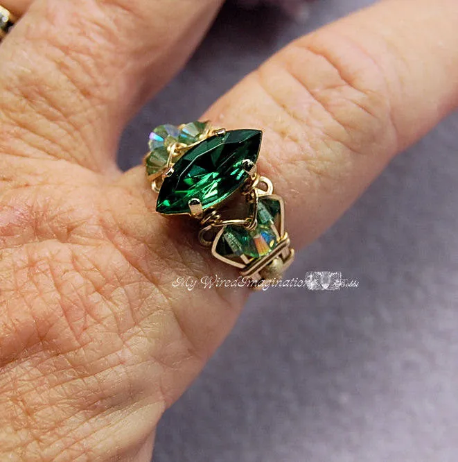 Tourmaline Forest Green, Swarovski Handmade Ring 14kGF US Size 8