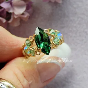 Tourmaline Forest Green, Swarovski Handmade Ring 14kGF US Size 8