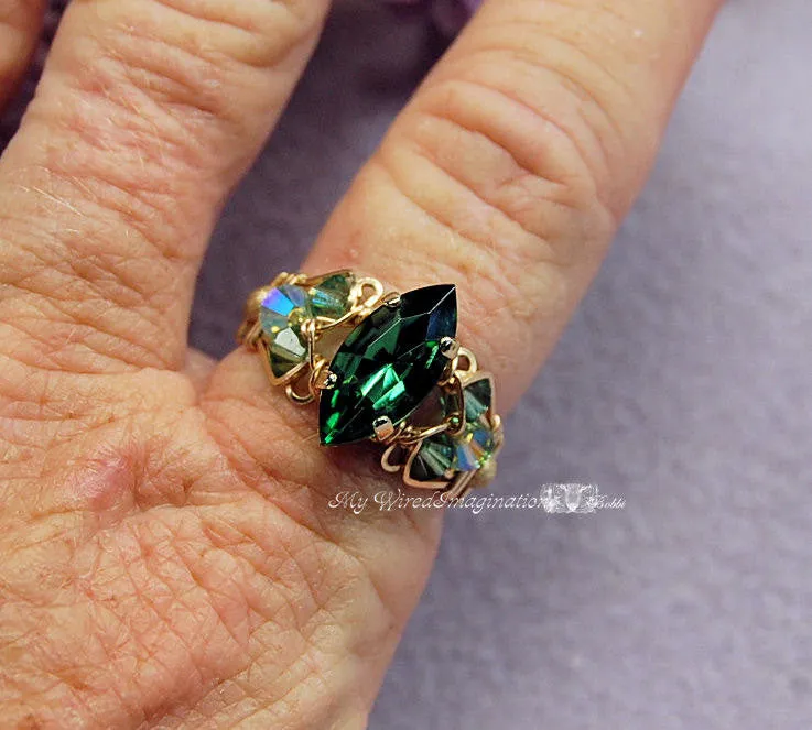 Tourmaline Forest Green, Swarovski Handmade Ring 14kGF US Size 8