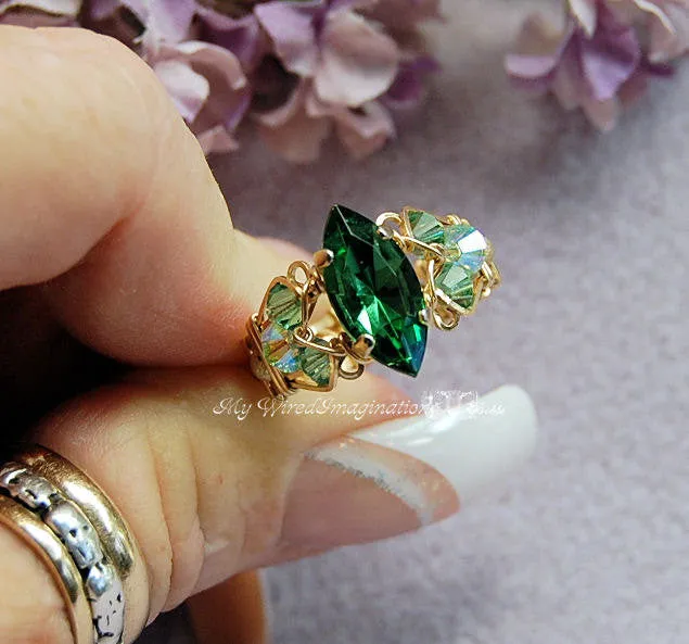 Tourmaline Forest Green, Swarovski Handmade Ring 14kGF US Size 8