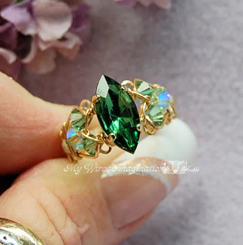 Tourmaline Forest Green, Swarovski Handmade Ring 14kGF US Size 8