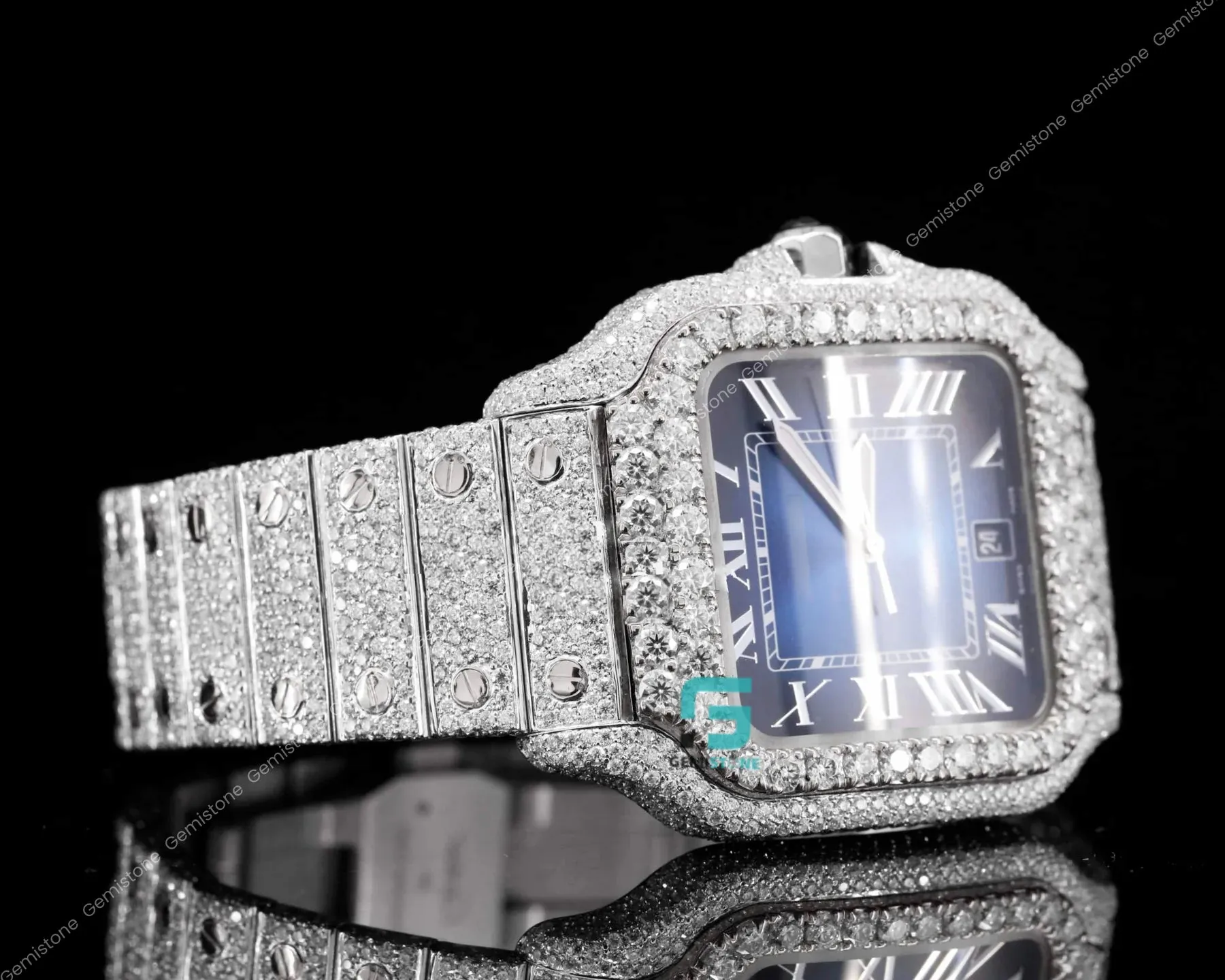 Trendy Royal Blue Dial Moissanite Diamond Studded Watch
