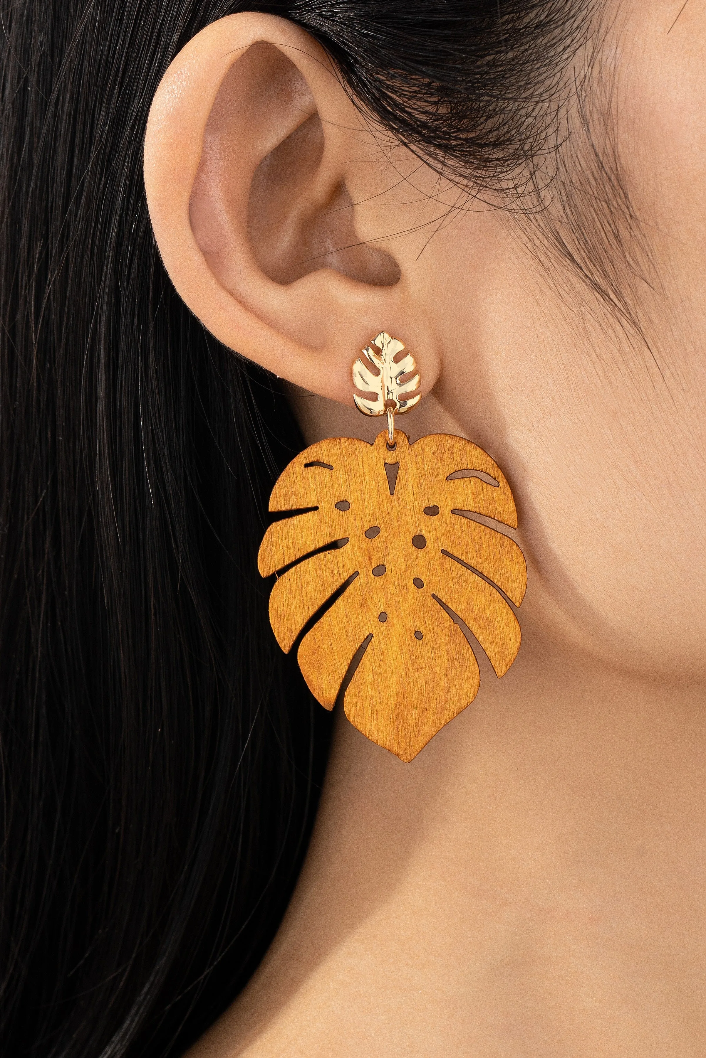 Tropical Monstera Wood Drop Earrings
