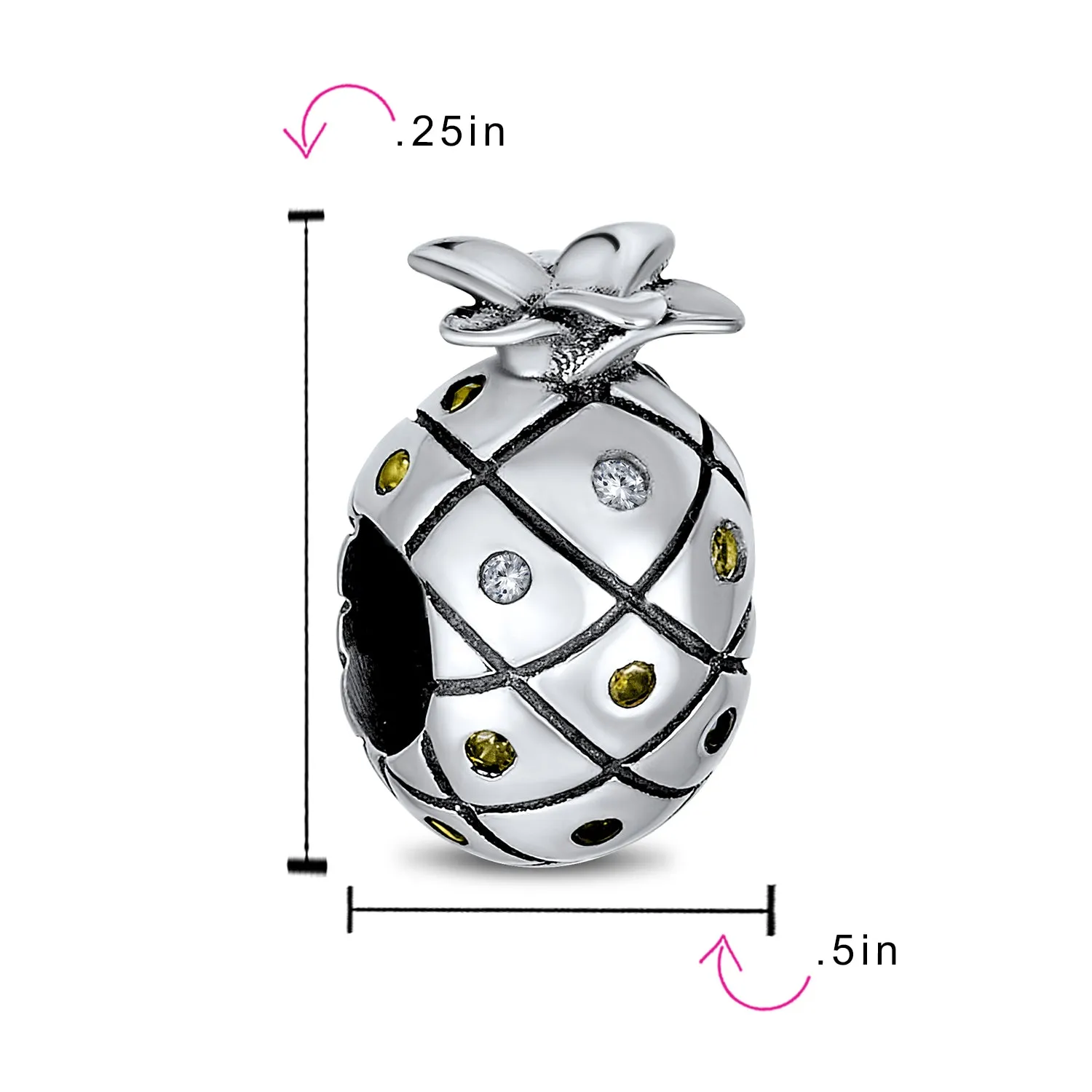 Tropical Pineapple Charm Bead Golden CZ for European Bracelets Sterling Silver