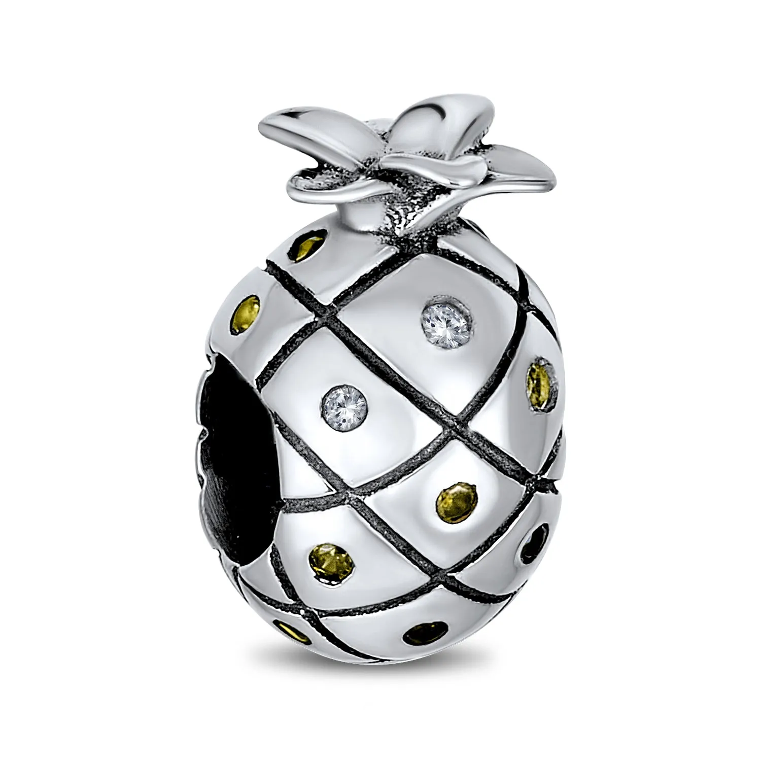 Tropical Pineapple Charm Bead Golden CZ for European Bracelets Sterling Silver