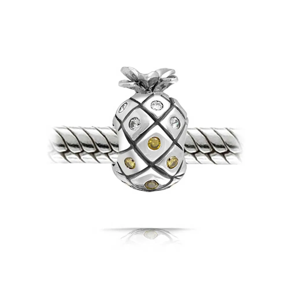 Tropical Pineapple Charm Bead Golden CZ for European Bracelets Sterling Silver