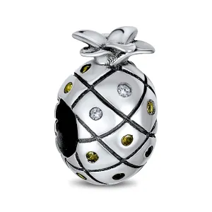 Tropical Pineapple Charm Bead Golden CZ for European Bracelets Sterling Silver