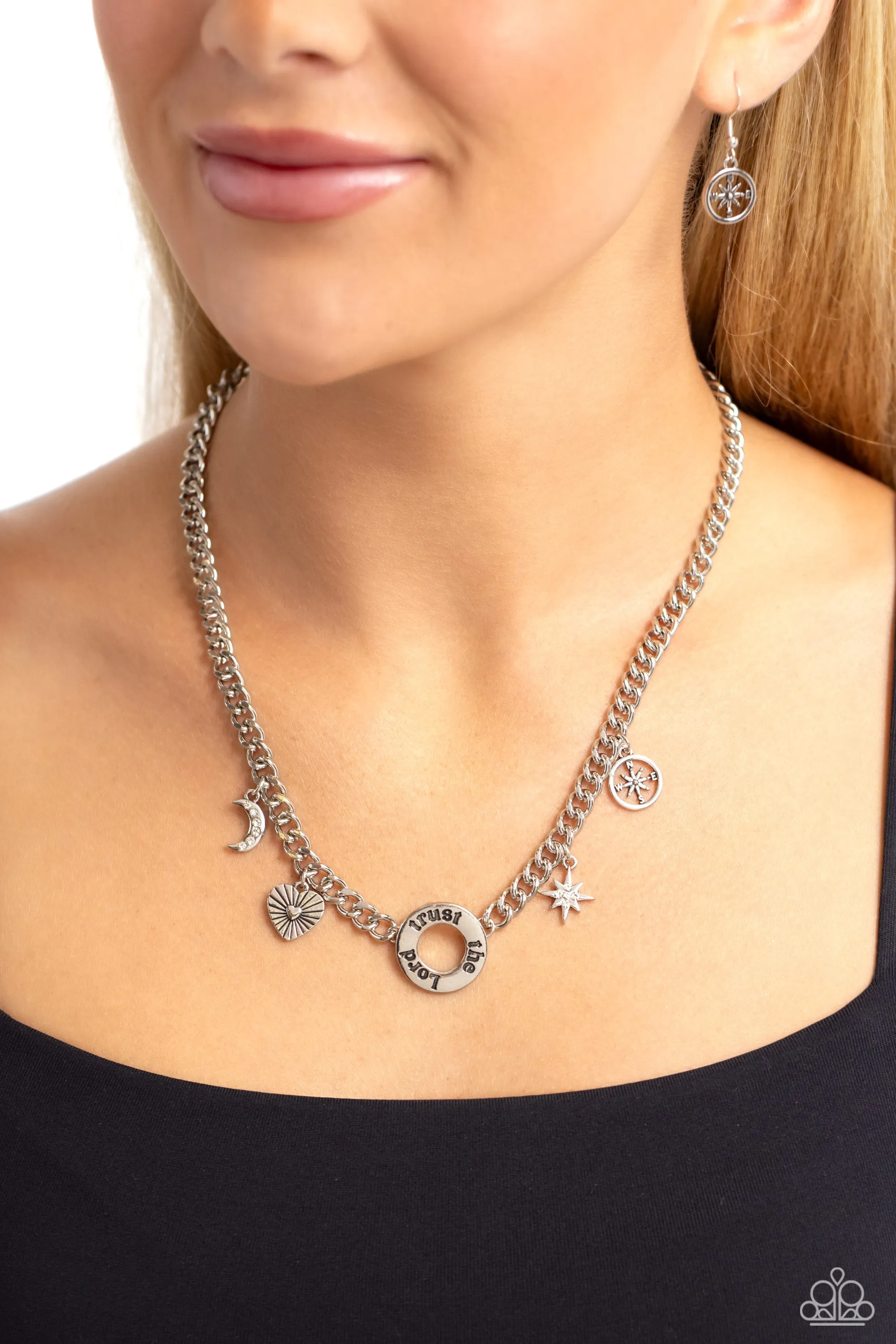 Trust in Miracles - White - Rhinestone Star, Moon, Compass Charm "Trust the Lord" Inspirational/Religious Paparazzi Short Necklace