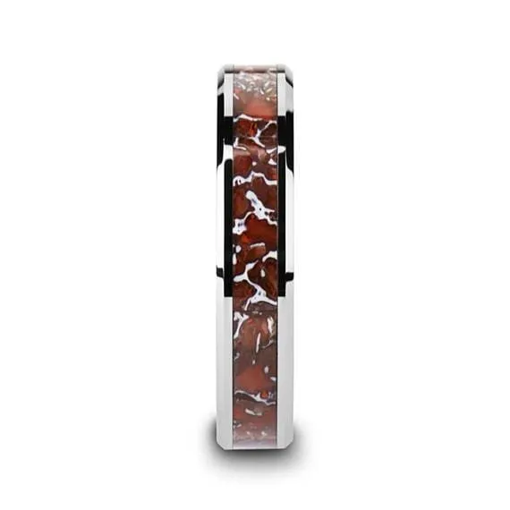 Tungsten Dinosaur Bone Wedding Ring Red Dinosaur Bone Inlay Beveled Edges 8mm
