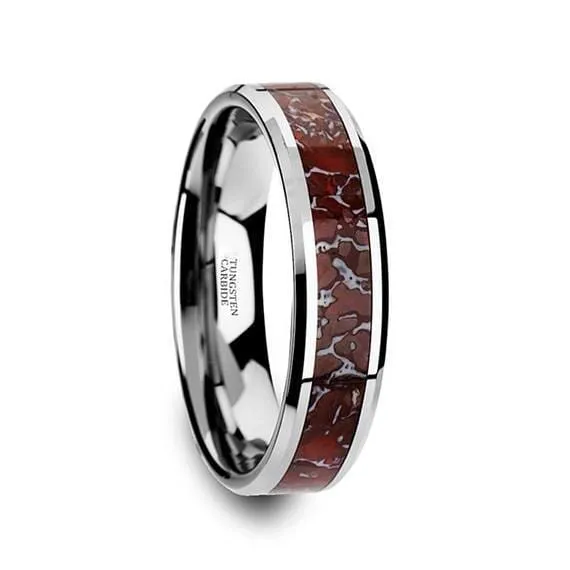 Tungsten Dinosaur Bone Wedding Ring Red Dinosaur Bone Inlay Beveled Edges 8mm