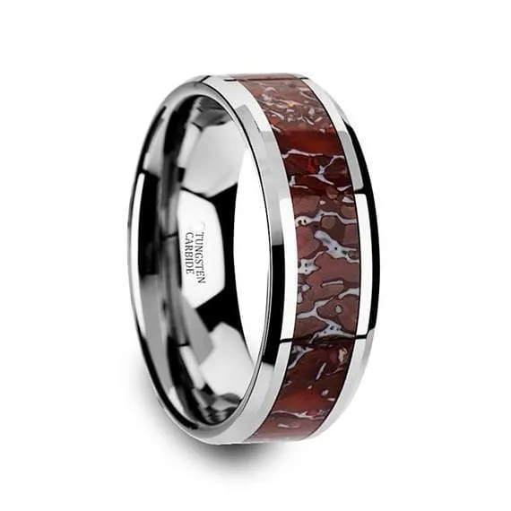 Tungsten Dinosaur Bone Wedding Ring Red Dinosaur Bone Inlay Beveled Edges 8mm