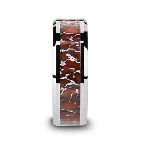 Tungsten Dinosaur Bone Wedding Ring Red Dinosaur Bone Inlay Beveled Edges 8mm
