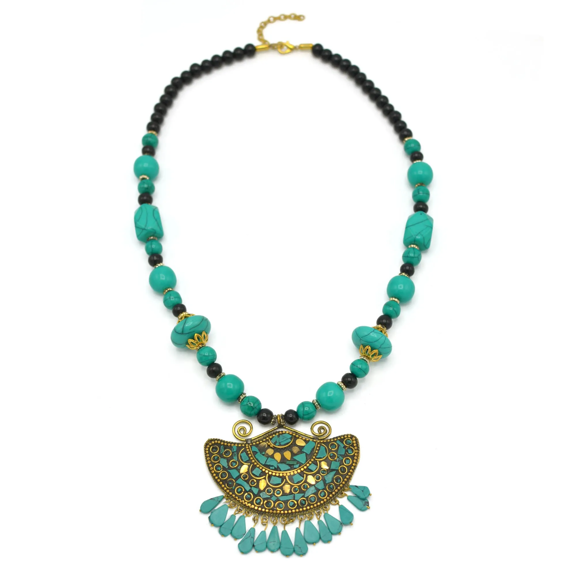 TURQUOISE AND BLACK BEAD GOLD TURQUOISE PENDANT NECKLACE #FWNK-2202-100
