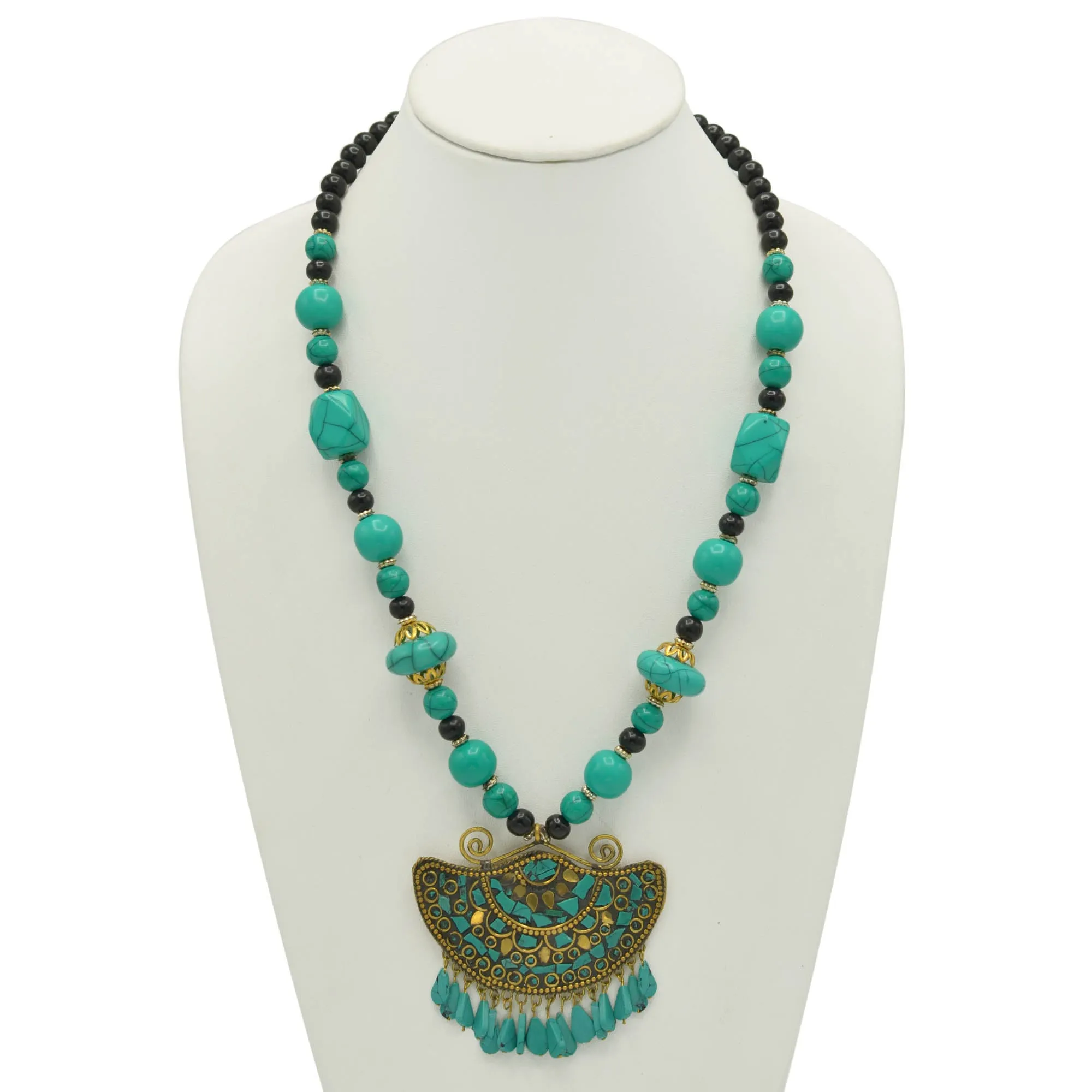 TURQUOISE AND BLACK BEAD GOLD TURQUOISE PENDANT NECKLACE #FWNK-2202-100