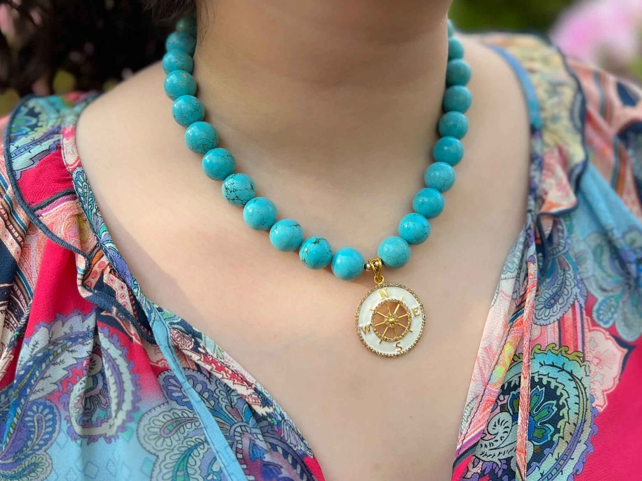 Turquoise Choker Necklace with Compass Pendant