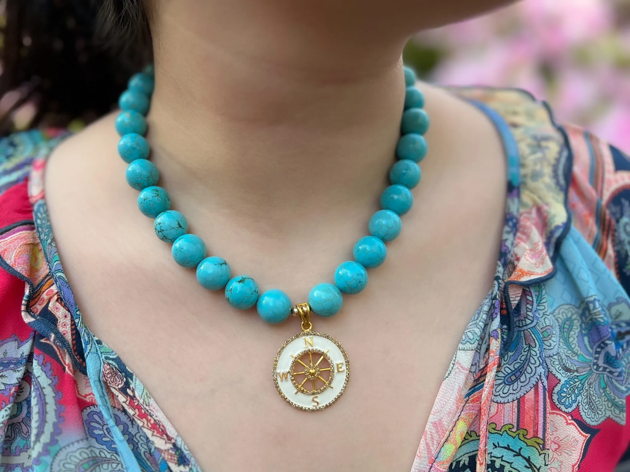 Turquoise Choker Necklace with Compass Pendant