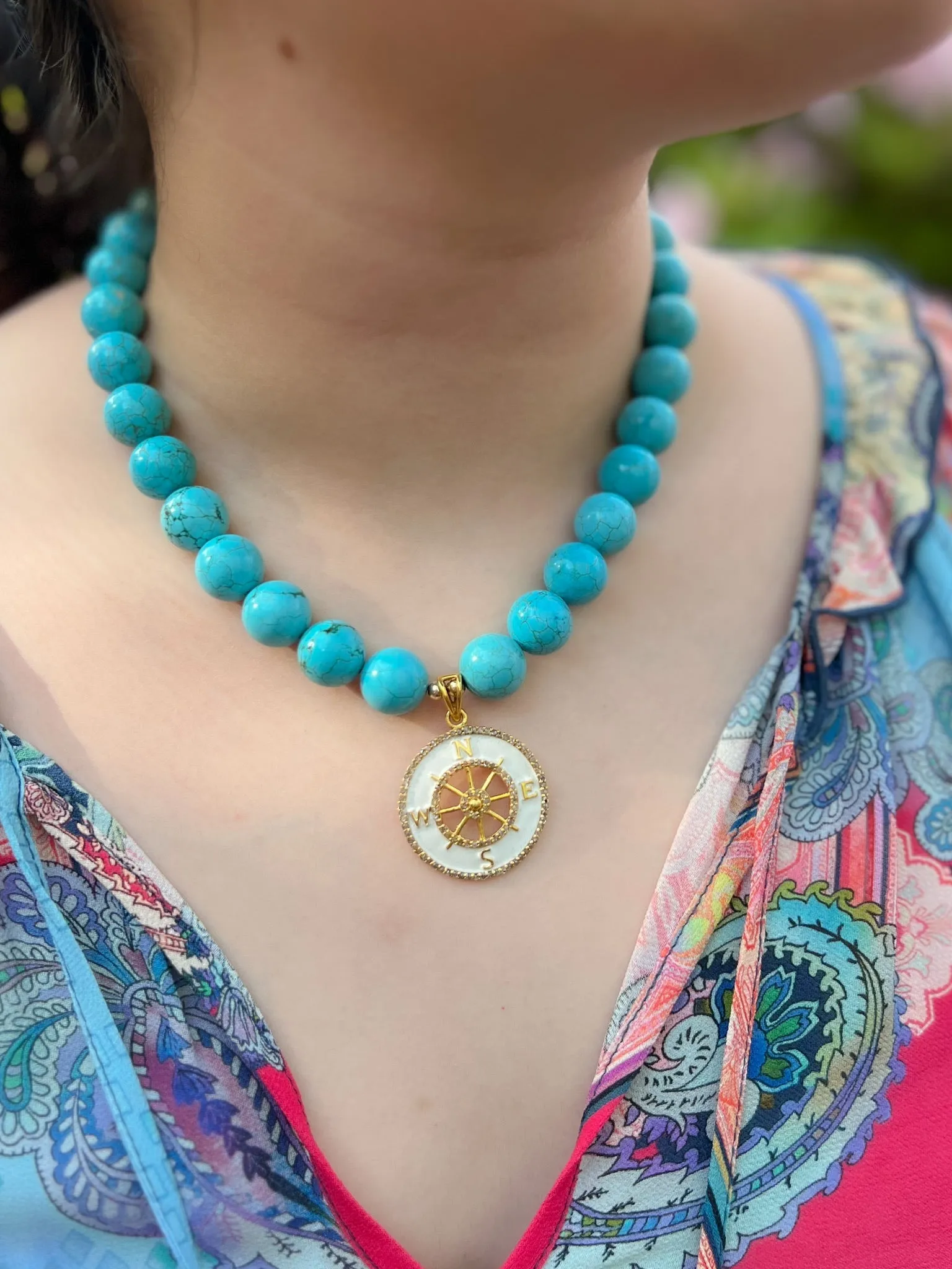 Turquoise Choker Necklace with Compass Pendant