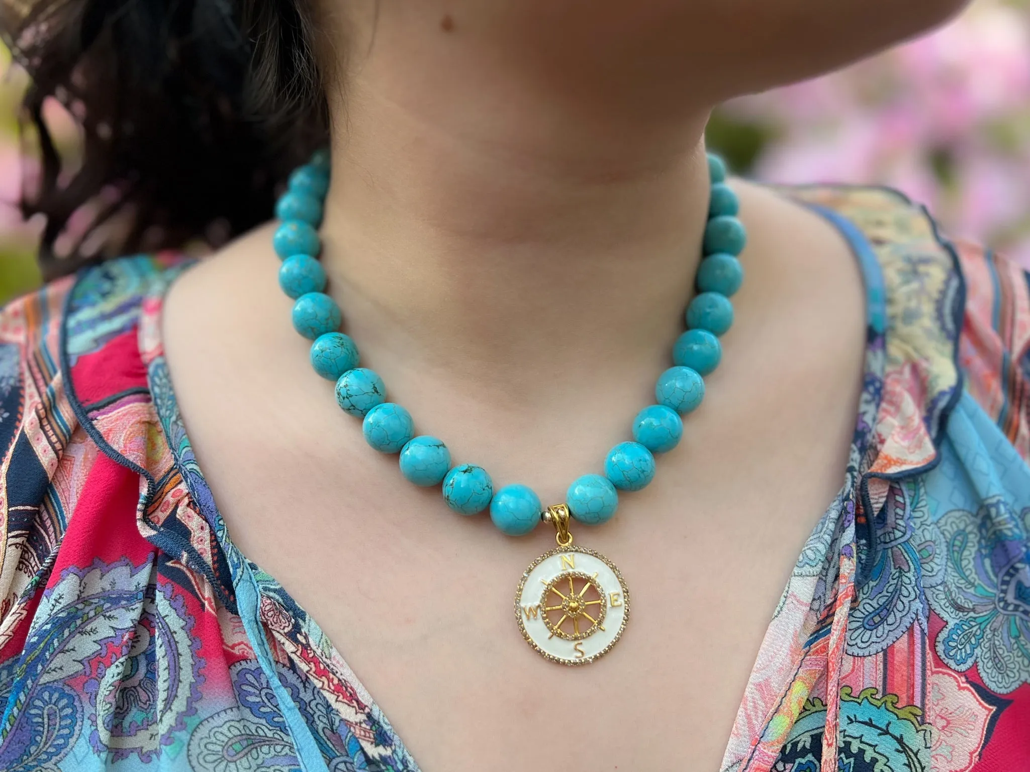 Turquoise Choker Necklace with Compass Pendant