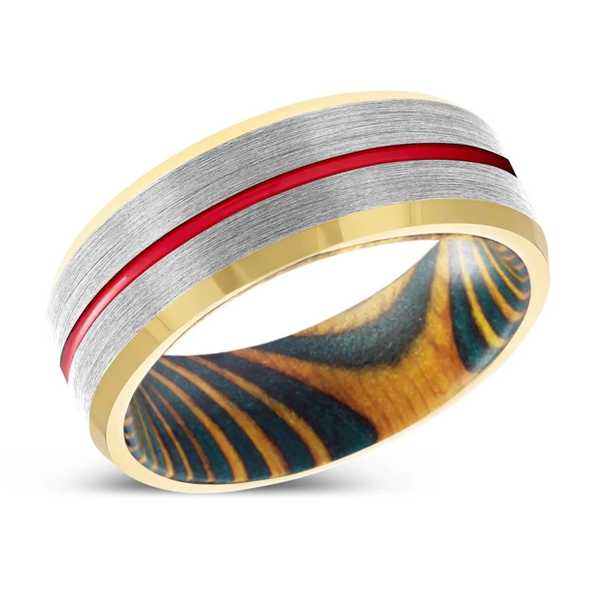 TWISTER | Green and Yellow Wood, Silver Tungsten Ring, Red Groove, Gold Beveled Edge