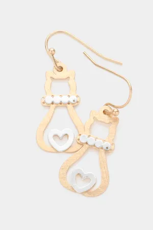 Two Tone Metal Cat Dangle Earrings