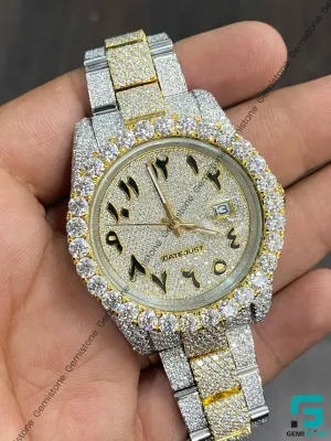 Two Tone Moissanite Iced Out Diamond Arabic Number Watch