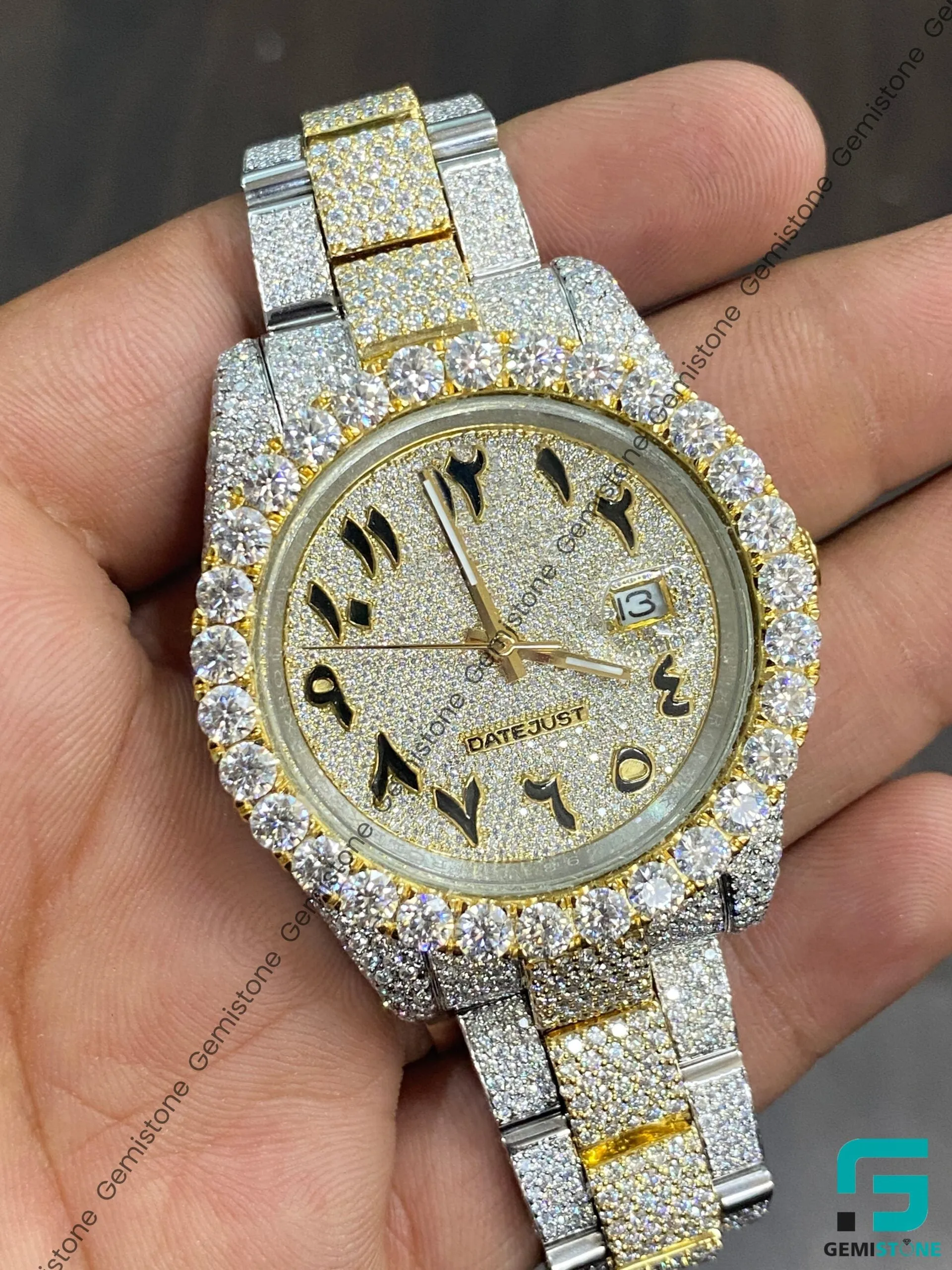 Two Tone Moissanite Iced Out Diamond Arabic Number Watch