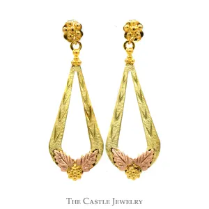 Two Tone Teardrop Shaped Drop/Dangle Earrings with Leaf Designed Accents in 10k Yellow and Rose Gold