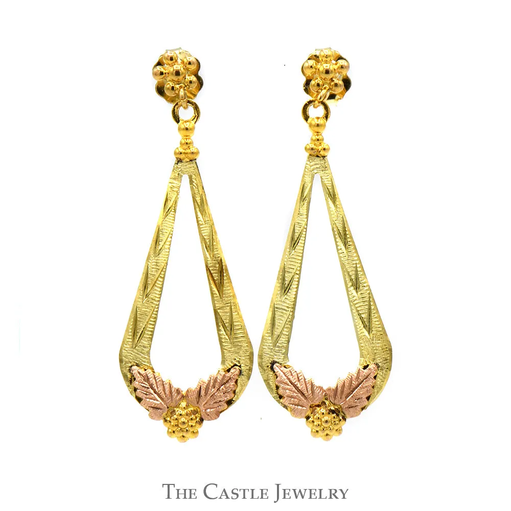 Two Tone Teardrop Shaped Drop/Dangle Earrings with Leaf Designed Accents in 10k Yellow and Rose Gold